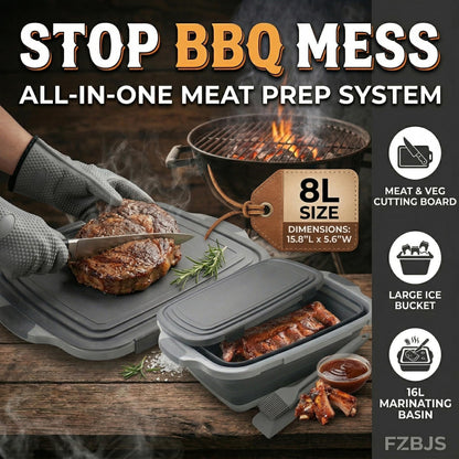 Collapsible BBQ Prep Tub with Lid & Cutting Board 8L - Meat Marinating Basin & Grill Carry System - 5pc Set with Heat Resistant Gloves, Basting Brush & Spatula(Black, Large, 8L)