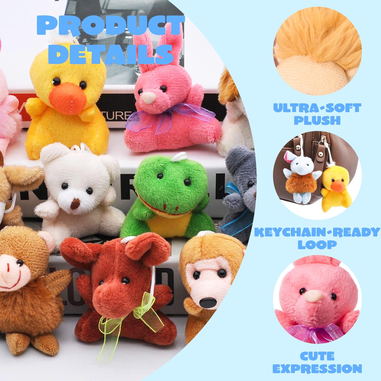 JOYIN 24 Pack Mini Animal Plush Toy Assortment (24 Units 3" Each), Animals Keychain Decoration for Kids, Small Stuffed Animal Bulk for Kids, Carnival Prizes, School Gifts, Christmas Goodie Bags