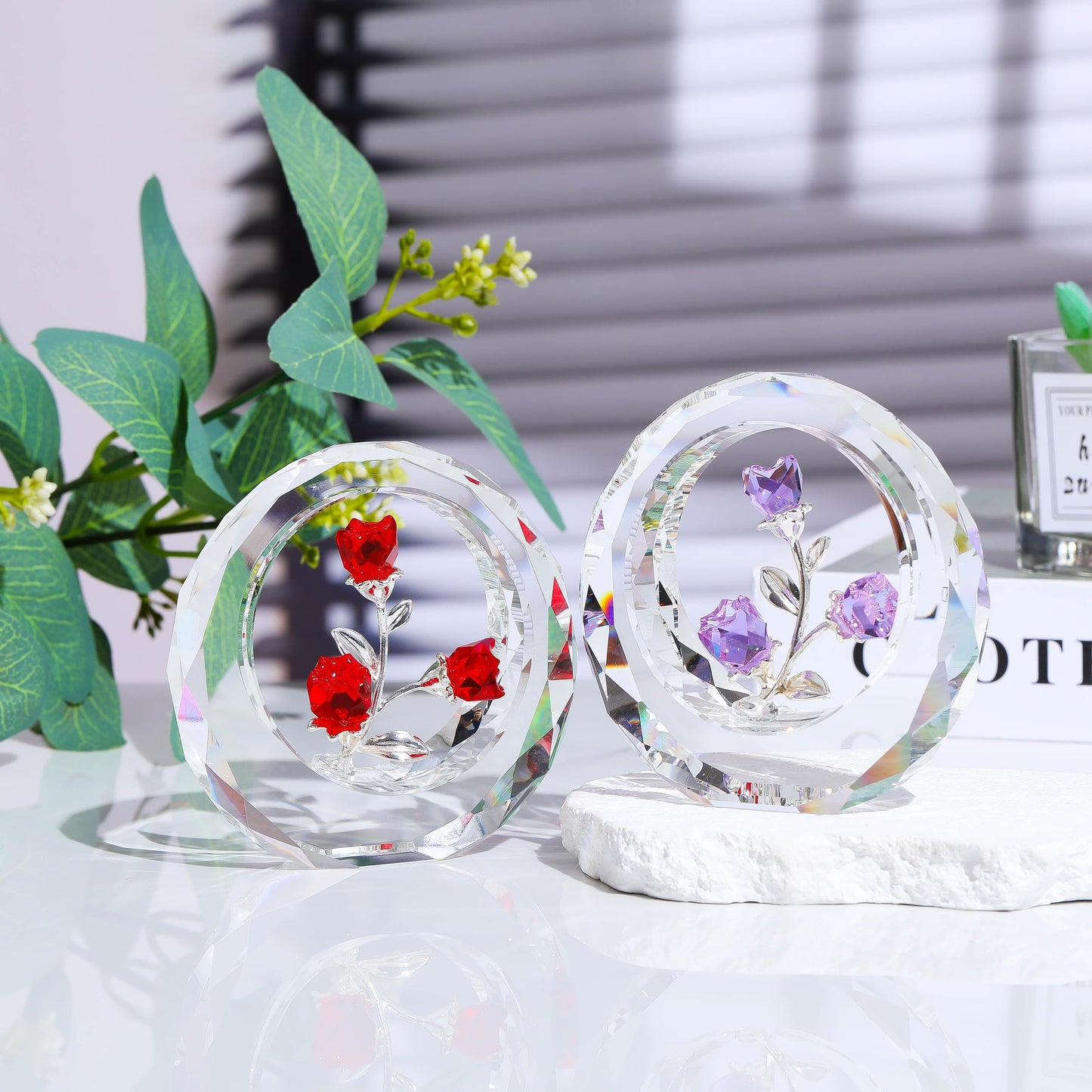 Purple Rose Flower Crystal Figurine with Vase - Bouquet Flowers Ornament Gifts for Wife Girlfriend Women - Handmade Crystal Flower Collectible Home Table Decor for Valentine's Day Wedding Anniversary