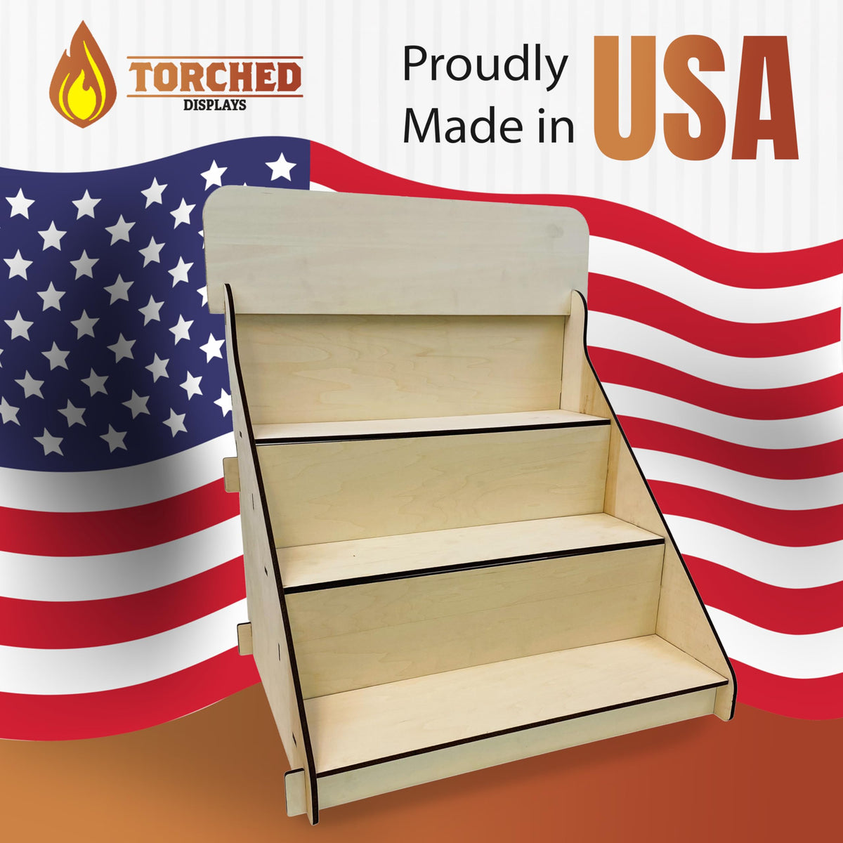 Torched Wooden Portable Retail Table Display Stand Countertop 3 Step Riser Craft Shows, Farmers Markets Tradeshows… (Natural)