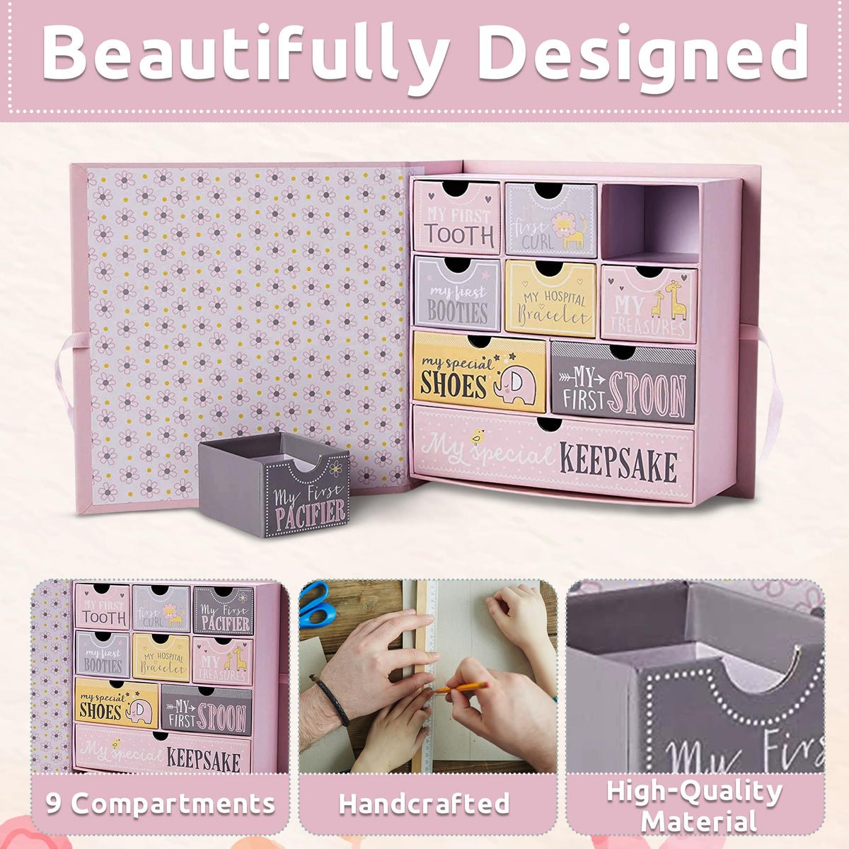 VOTUM Baby Keepsake Box for Treasured Memories, Fairytale - Lightweight, Handcrafted Boxes with 9 Labeled Compartments for First Memories - Gender Neutral Baby Shower Gifts for Girls, Boys