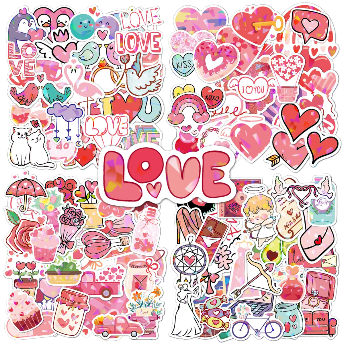 100pcs Pink I Love You Stickers, Waterproof Holographic Glitter Romantic Vinyl Decal,Valentine's Day,Birthday for Water Bottle, Laptop,Kindles, DIY,Book,Phone, Gifts for Girls,Kids, Teens,Adults