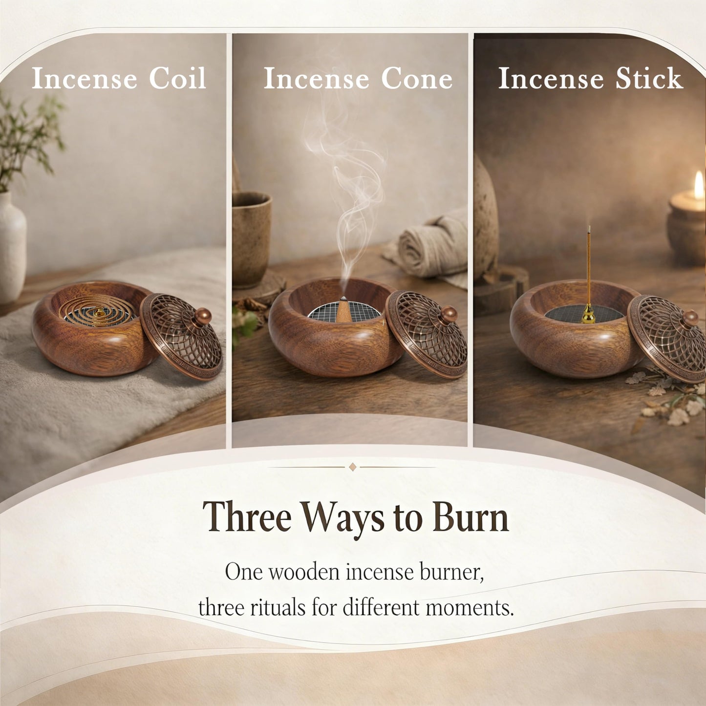 Acacia Wood Incense Burner for Cones & Coils, with Sticks Holder - 3-in-1, Zen Meditation Yoga Home Room Decor