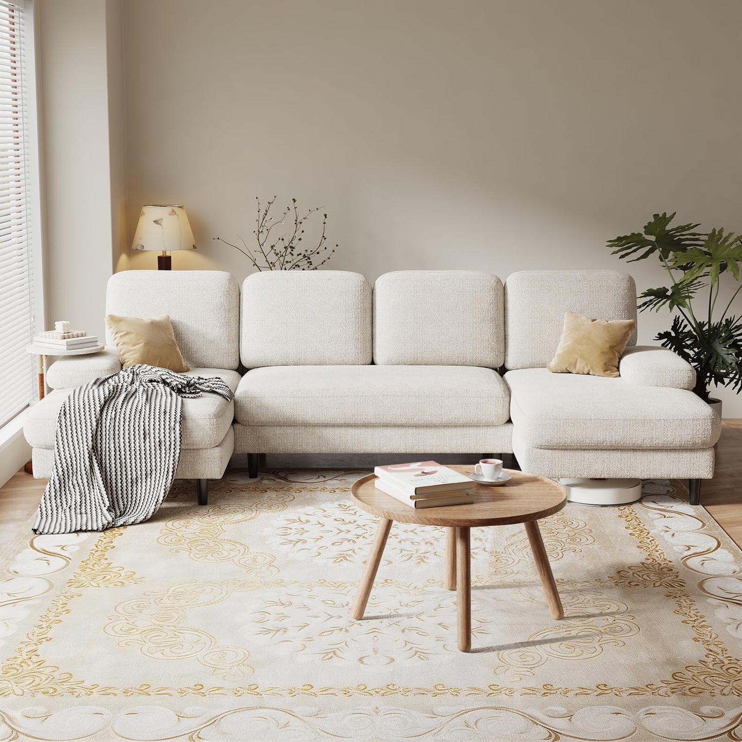 DUMOS Sectional Couches for Living Room, U Shaped Couch with Double Chaise Lounge, Modern Chenille Fabric 4-Seat Couch with Removable Pillows for Apartment/Small Space, Beige