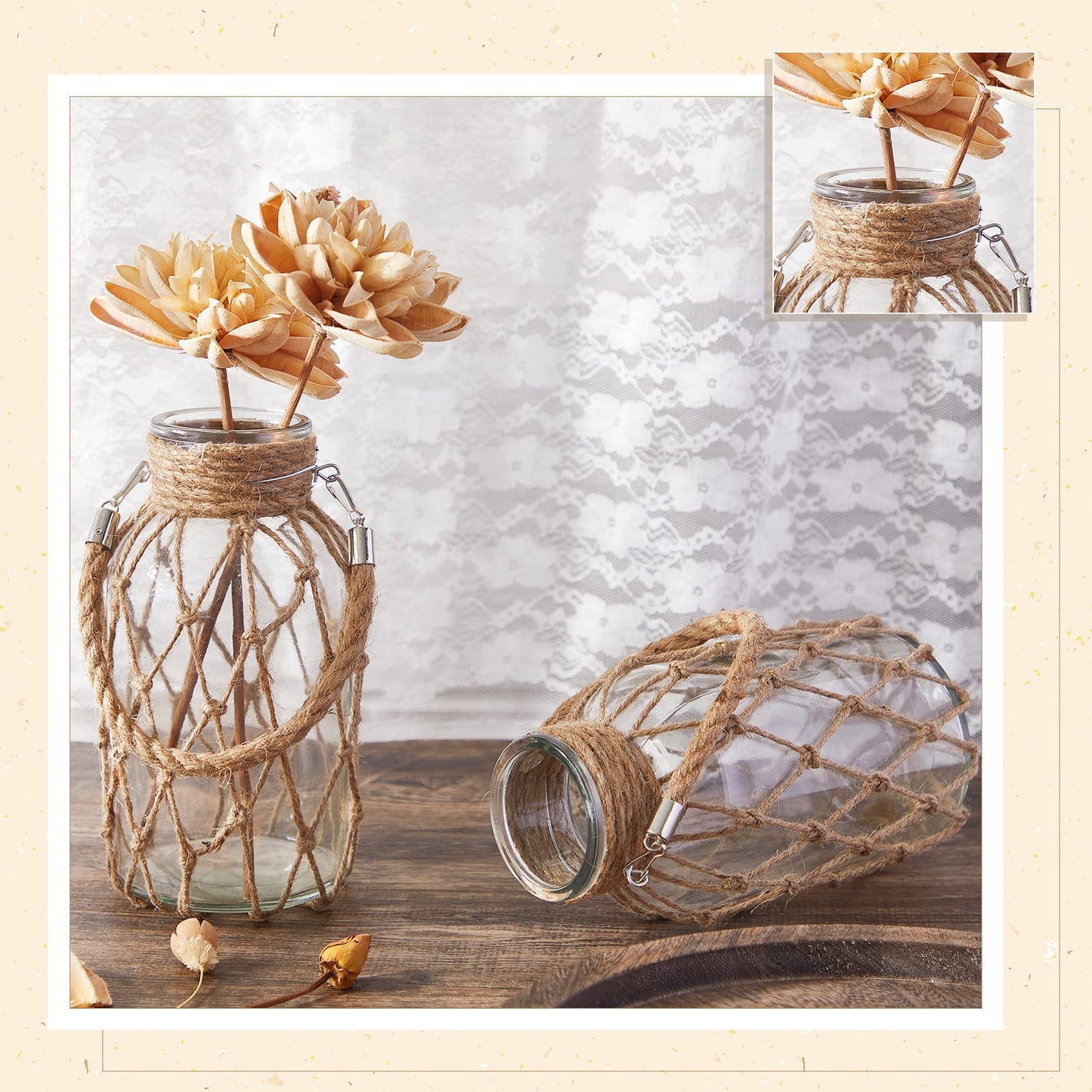 Set of 4 Rope Net Dry Flower Glass Vase 7.9 x 4 Inches Wicker Farmhouse Vase Coastal Decor for Wedding Tables Home Rustic Hanging Mason Jar Rope Wrapping Decorative Bottles Nautical Decor