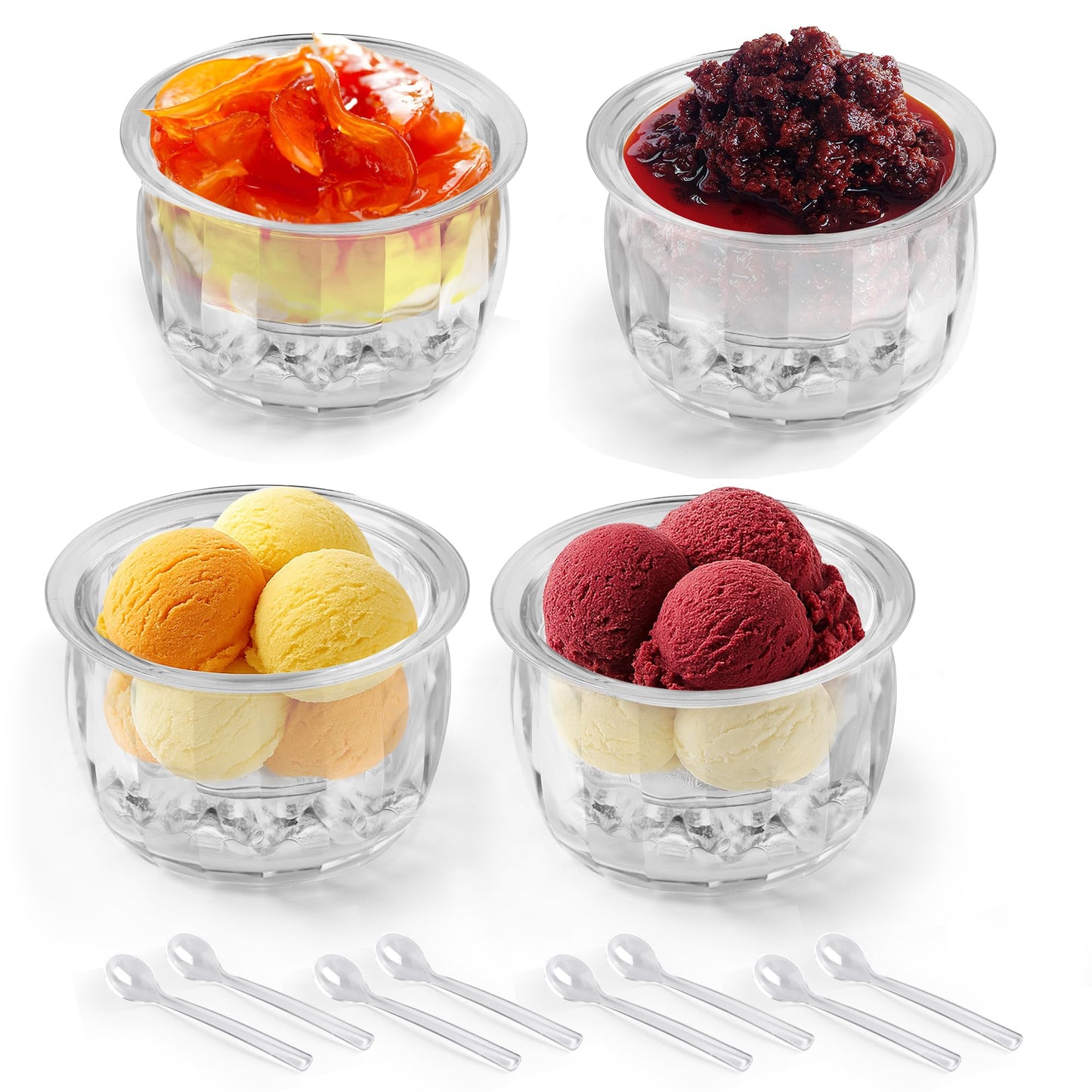 Chillnstay 4-Pack Chilled Serving Bowls and Dip Bowls for Serving for Party, Dip Bowls on Ice with 8 Spoons for Salsa, Guacamole and Hummus