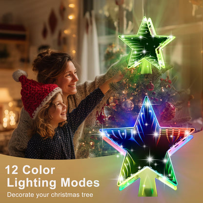 Patiobay Christmas Tree Topper Star, Double Sided Tunnel Mirror 10 Inch 12 Lighting Modes, Built-in 6 Projected Patterns, 3D Glitter LED Rotating Lights for Party Holiday Xmas Decorations Gifts