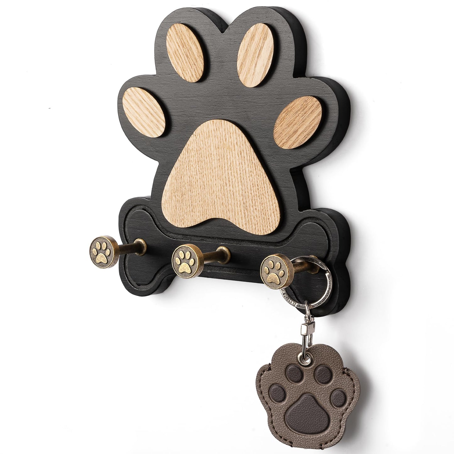 MTERSN Pine Wood Key Holder Wall Mount – Cute Dog Paw Key Hooks for Dog Leash Holder & Coat Rack for Entryway, Bedroom, or Living Room – Rustic Farmhouse Wall Decor for Home Organization (Black)