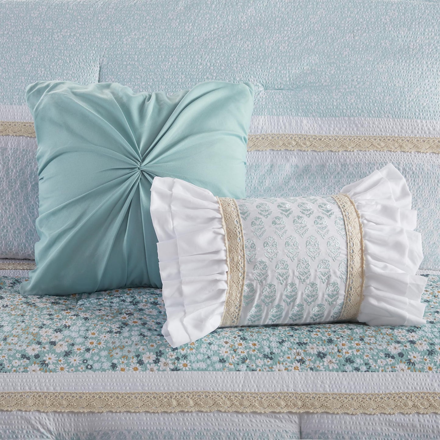 Madison Park Comforter Set, Seersucker Floral King Size Comforter Sets, Microfiber Comforters, All Season Lightweight Comforter, Throw Pillows, Caralie, King/Cal King Aqua 5 Piece