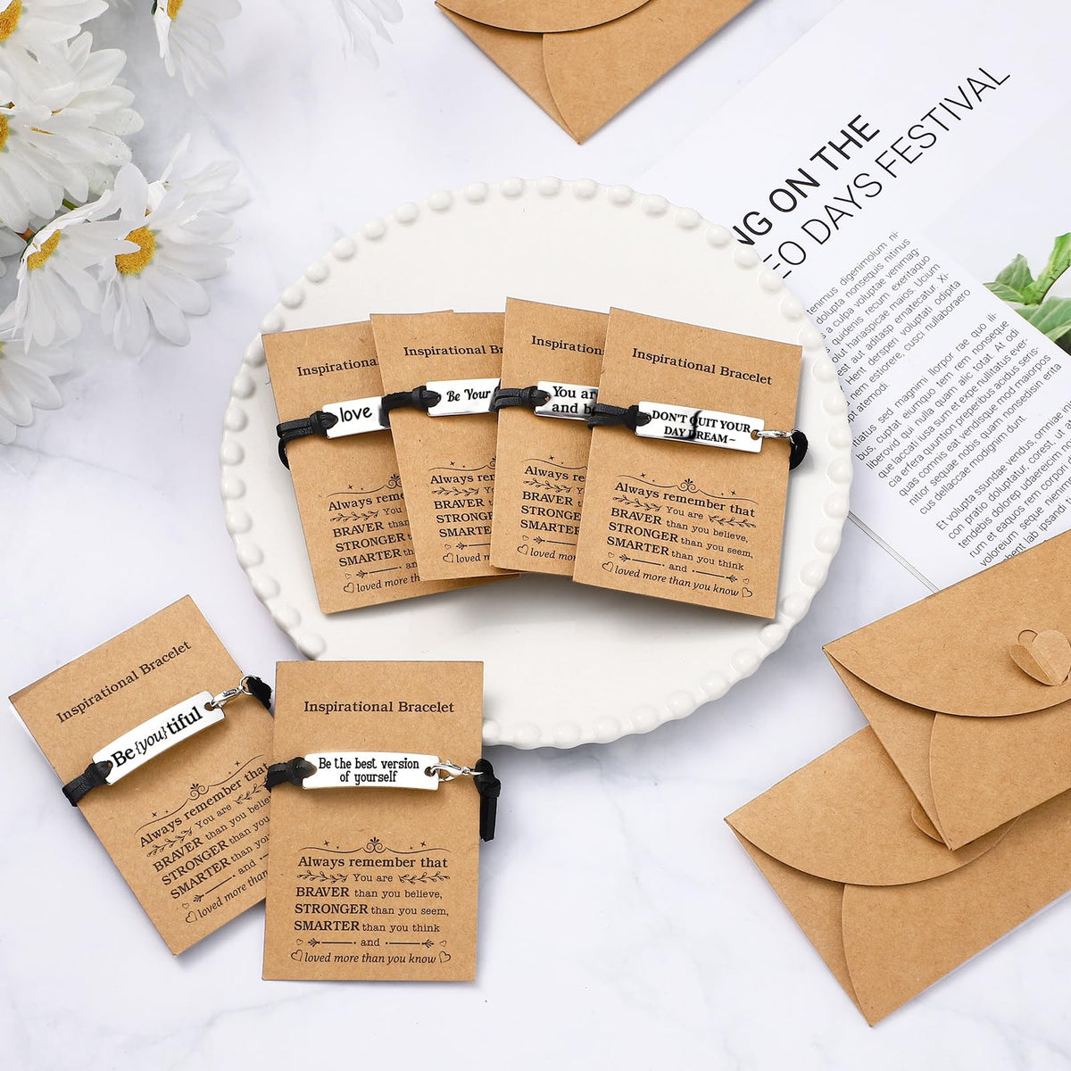 Nosiny Inspirational Gifts for Women Men with Gift Cards Envelopes Engraved Inspirational Bracelets Encouragement Jewelry Bracelets for Teen Friendsgiving(24 Pack)