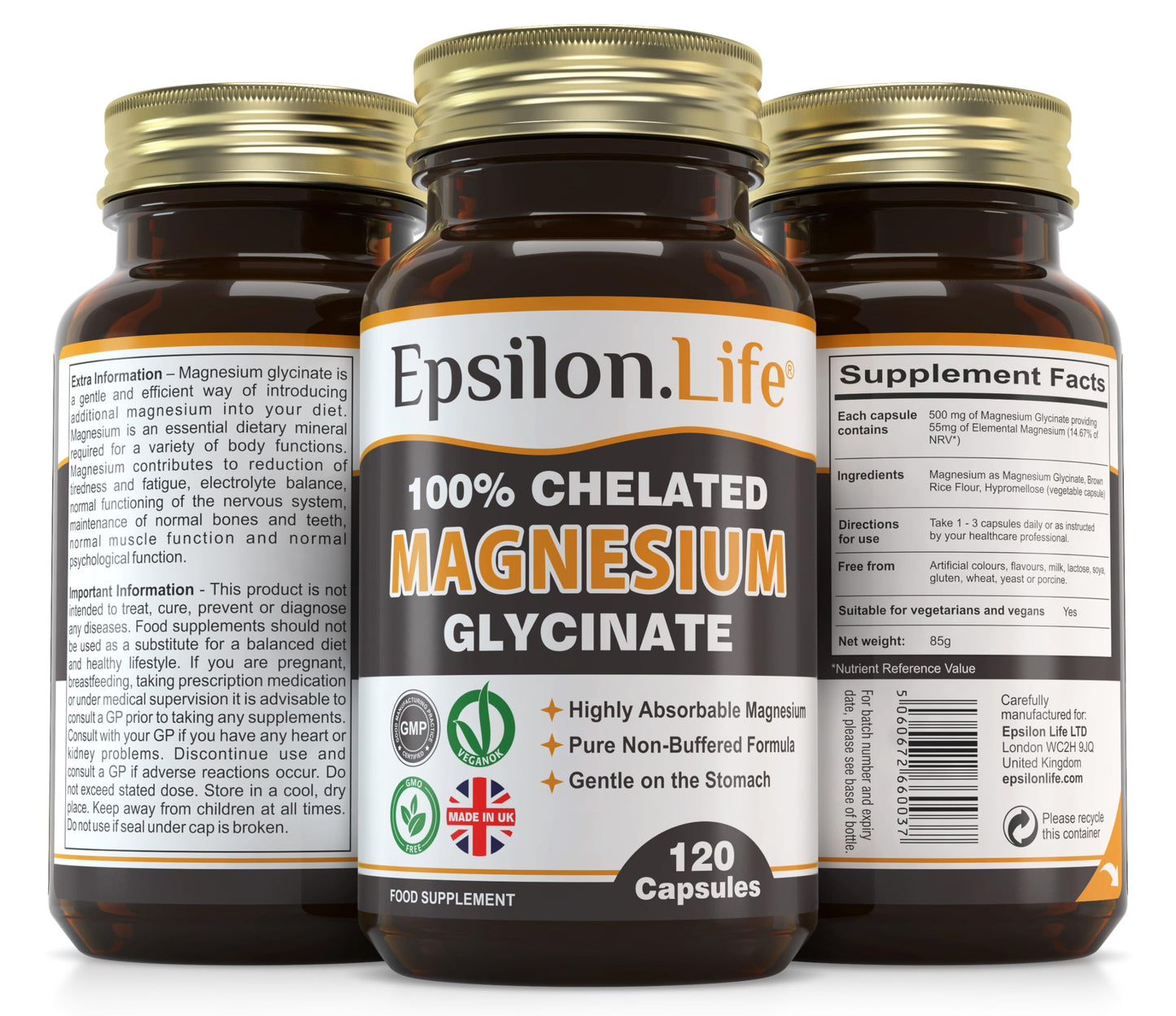 Epsilon Magnesium Glycinate Supplements - Chelated Mg Bisglycinate Supplement - 120 Easy to Take Vegan Capsules - 500mg Unbuffered Magnesium-Glycinate per Capsule - UK-Made