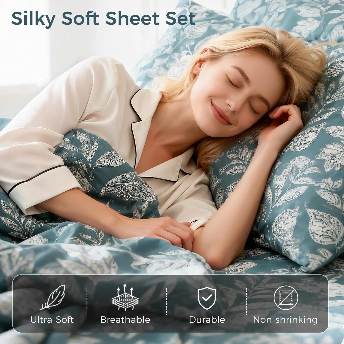 Tokokimo Paisley Sheets Set King Size, 16 inches Deep Pocket Fitted Sheet, Flat Sheet & Envelope Closure Pillowcases, Soft Breathable Microfiber Sheet Set 4-Piece, Blue Leaf Floral