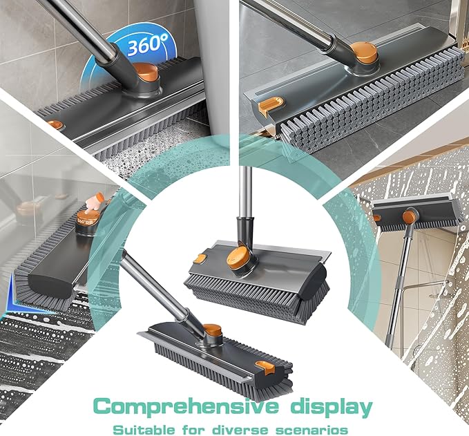 Floor Scrubbing Brush with Squeegee, 2 in 1 Grout Brush with 54" Adjustable