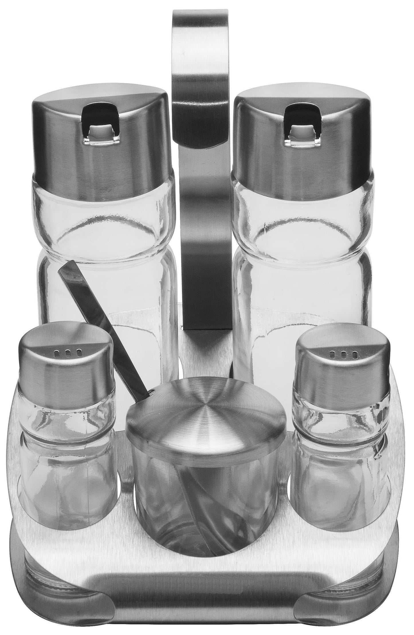 Oil and Vinegar Salt & Pepper Cruet Set (6 Piece) Durable Glass Stainless Steel Bottle Set With Caddy