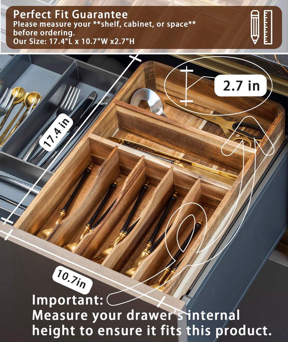 blossome better addition to better life Silverware Drawer Organizer, Acacia Wood Tray for Cutlery & Flatware | Fixed 10.5" Wide, 7-Compartment Utensil Holder for Forks & Spoons