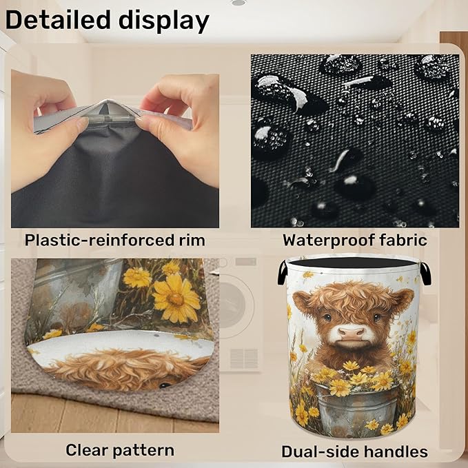 Cute Highland Cow Flower Foldable Canvas Laundry Basket