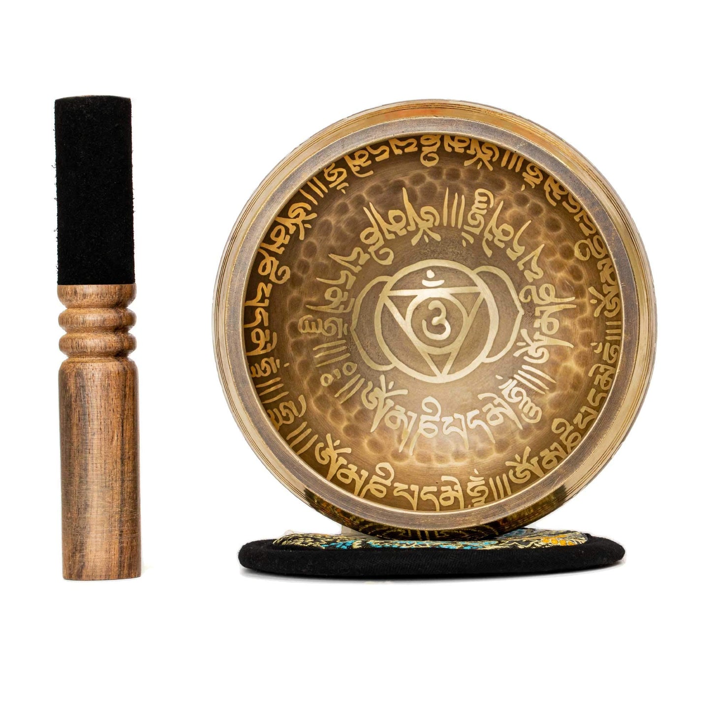 Tibetan Singing Bowl Set with Holy Buddhist Mantra and Sacred Third Eye Symbol from Nepal~ Antique design suitable for Yoga, Meditation, Sound Healing & Chakra Balancing~