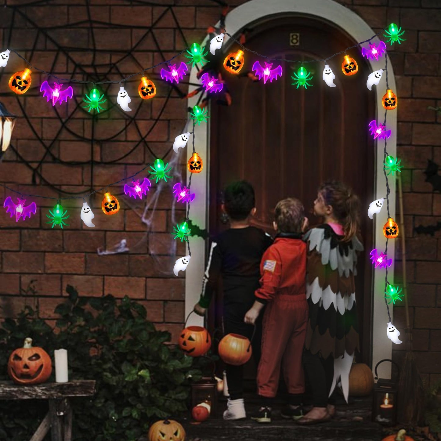 20FT 40LED Halloween Lights Outdoor Indoor Pumpkin Bat Spider Ghost Halloween String Lights Battery Operated, 8 Light Modes Waterproof Fairy Lights Decorations for Home Yard Window Party Outside Decor