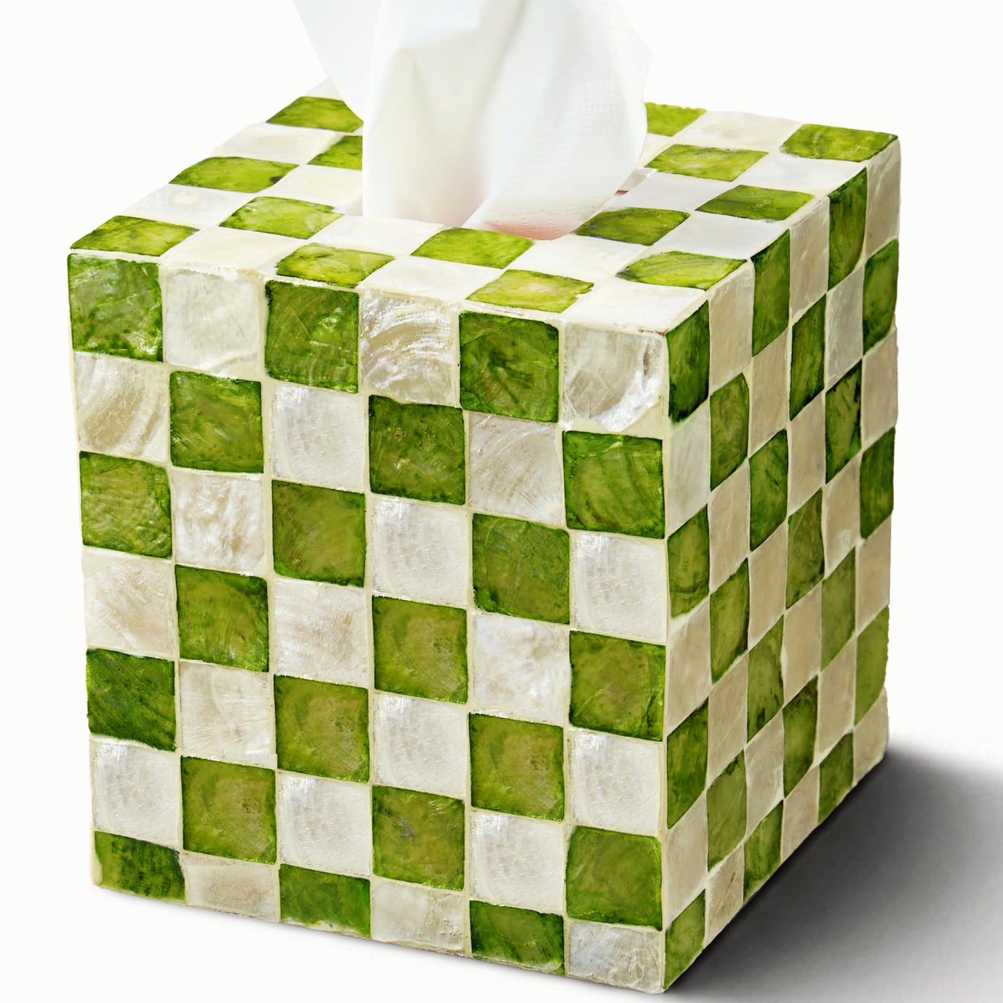 5.7" Square Tissue Box Cover for Kleenex and More, Handmade Green & White Checkered Capiz Shell Tissue Holder, Decorative Cube Tissue Box Cover for Bathroom, Living Room, Bedroom or Office (Natural)