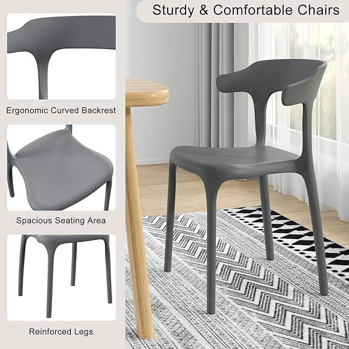 VECELO 4 Pack Plastic Stacking Chairs, Stackable Dining Chairs for Kitchen Restaurant Patio, Portable Indoor Outdoor Use, No Assembly Required, Gray