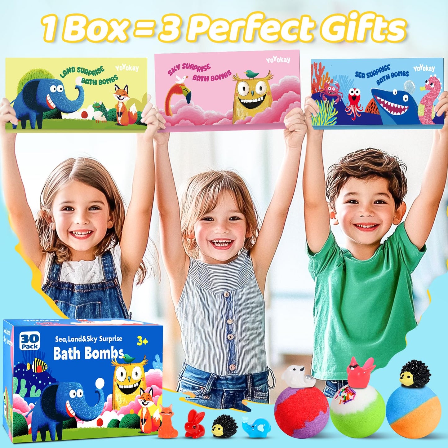 30 Bath Bombs for Kids with Toys Inside, Kids Bath Bombs Gift Set with 30 Sea & Land & Sky Animal Surprise Toy, Natural Organic Bubble Bath Toys, Christmas Gifts for Girls Boys, Stocking Stuffers