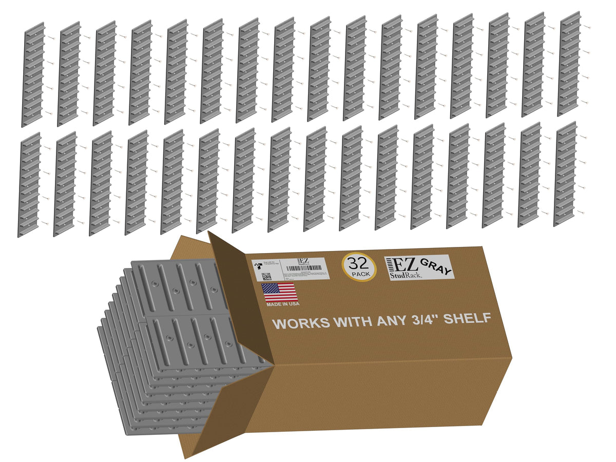 Made in USA | EZStudRack Adjustable Between Stud Shelf Bracket | Shelf Brackets for Wall Mounted Shelf | Shelving Brackets for Home | Garage Shelf Brackets- Wood Not Included- 32Pack (16 Pair) Gray