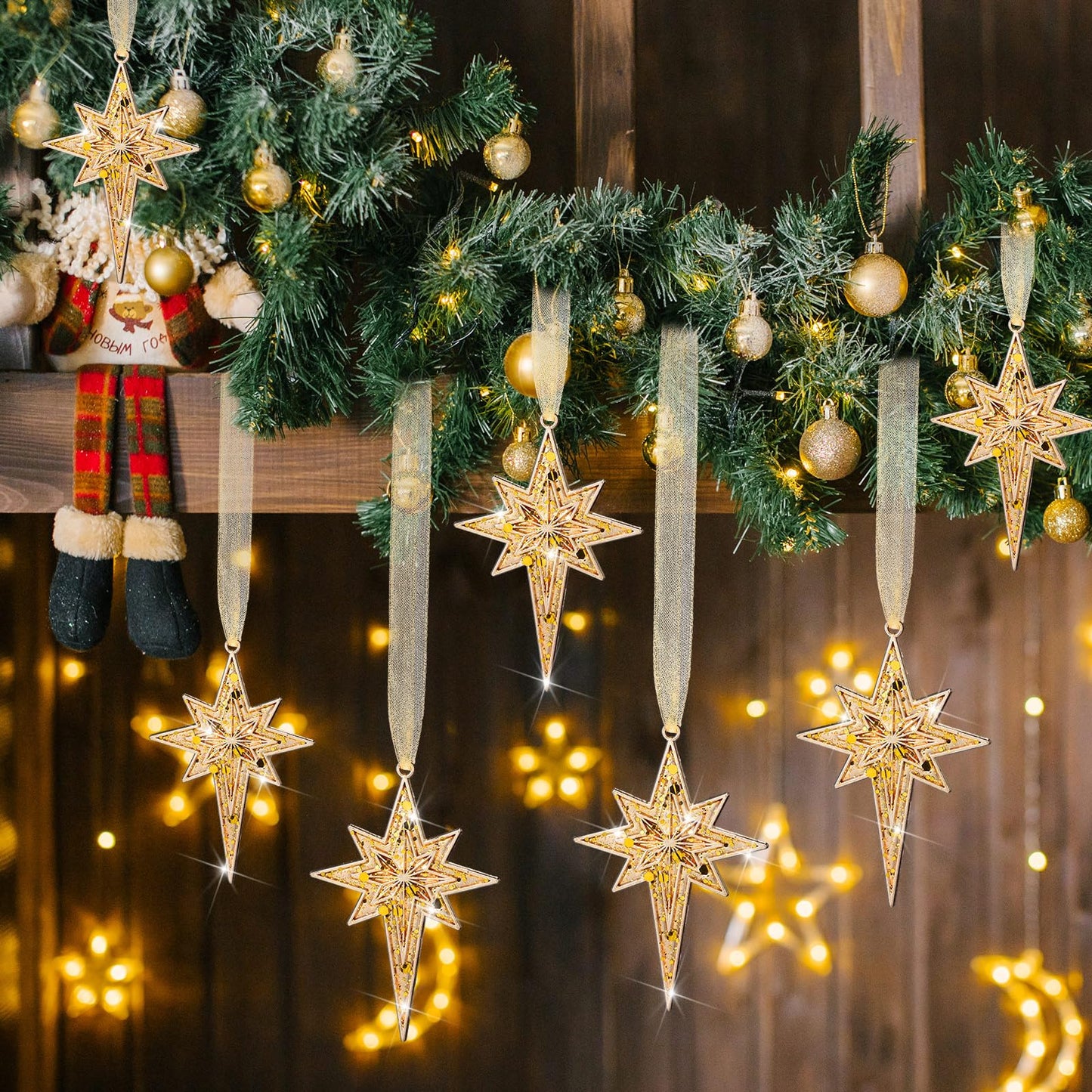 Soulchen 8 Pcs Summer Christmas Bethlehem Star Ornament 3.15 x 1.97 Inch Metal Glitter Star of Bethlehem Ornaments with Glitter Christmas Tree Topper Nativity Decor for Xmas Tree Party Decor(Gold)