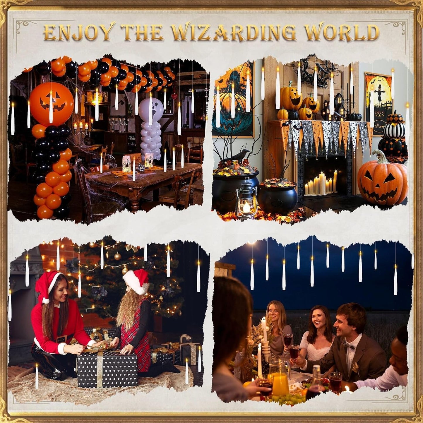 Sunjas 12 PCS Floating Candles with Wand LED Magic Hanging Candle Battery Operated Candle with 13 Batteries Include Flickering Warm Light Floating Candles for Christmas Halloween Decoration