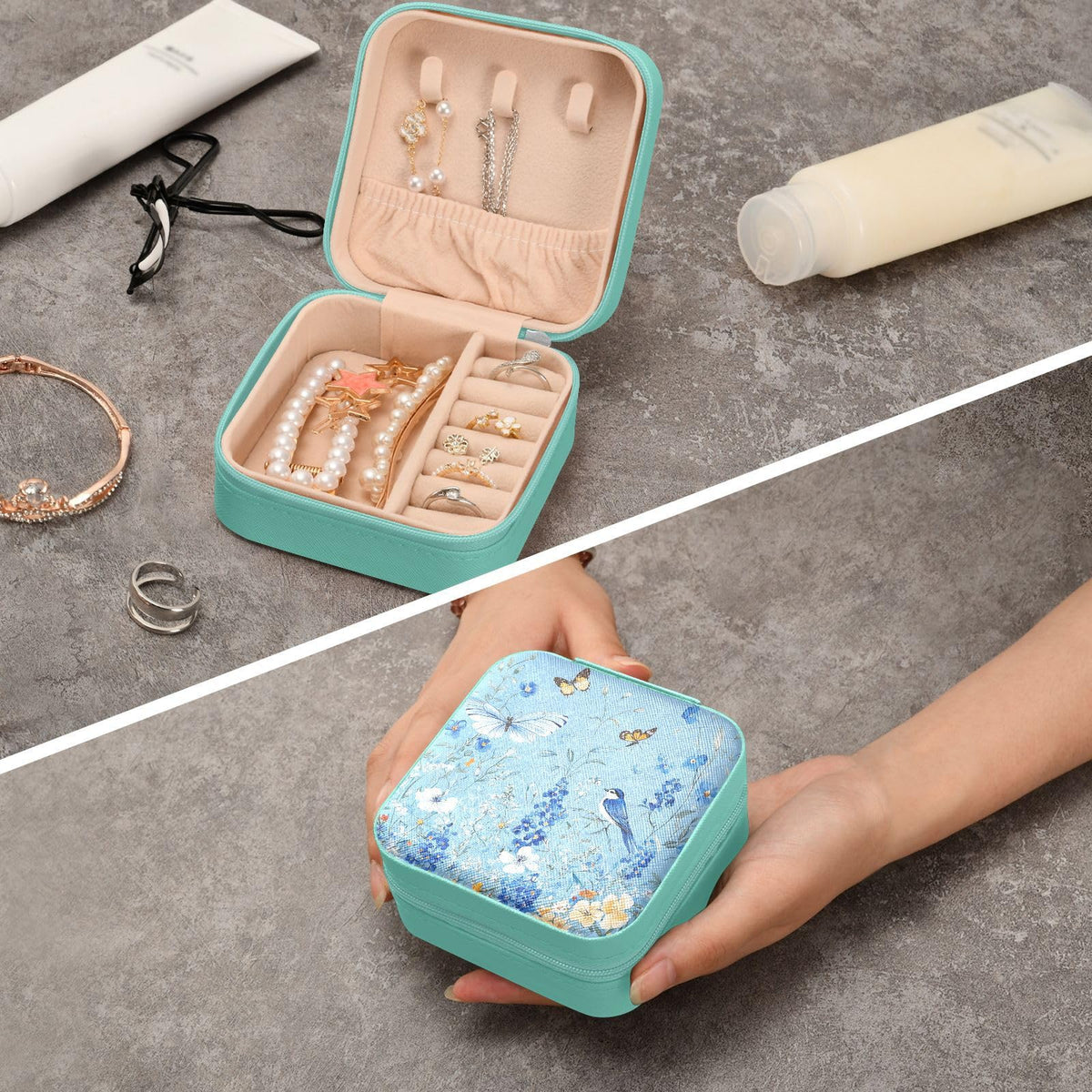 Tatenale Light Blue Floral Bluebonnet Butterflies Travel Jewelry Case Box Small Mini Jewelry Organizer Display Storage for Ring Earrings Necklace Girls Women Men Daisy Green Aqua