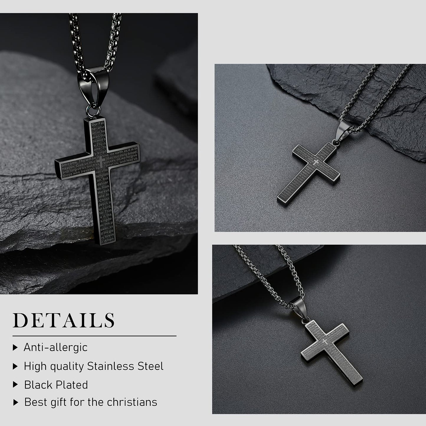 MERTTURM Stainless Steel Cross Necklace for Men, Cross Pendant Necklace with Chain 60cm, Silver/Gold/Black Necklace, Gift for Birthday/Christmas/Easter/Thanksgiving Day(lightfast & sweatproof)