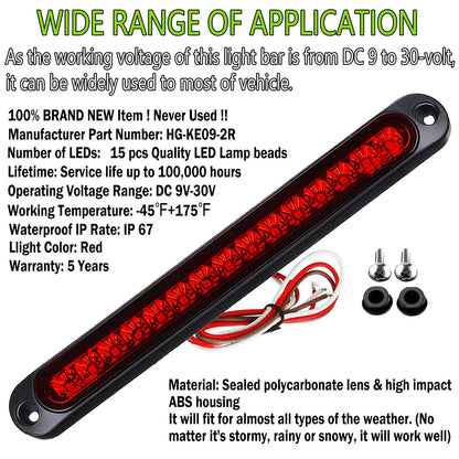 2 Pack 10" 15 LED Trailer Identification Light 9 to 30-volt, LED Stop Turn Tail Light Assembly Third Brake Bar Strip Truck Rear Marker Light IP67 Waterproof for Heavy Duty Marine Boats Trucks Pickups