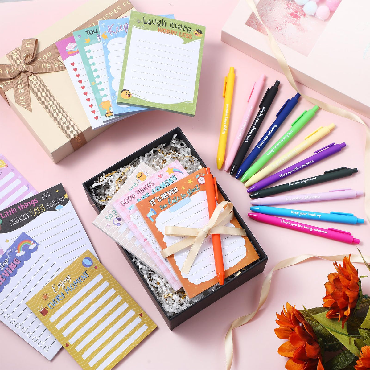 Yeaqee 12 Set Employee Appreciation Gifts 12 Empowering Sticky Notepads 12 Pens 12 Ribbons Motivational Sticky Notes Inspirational Pens for Office Supplies(Motivational)