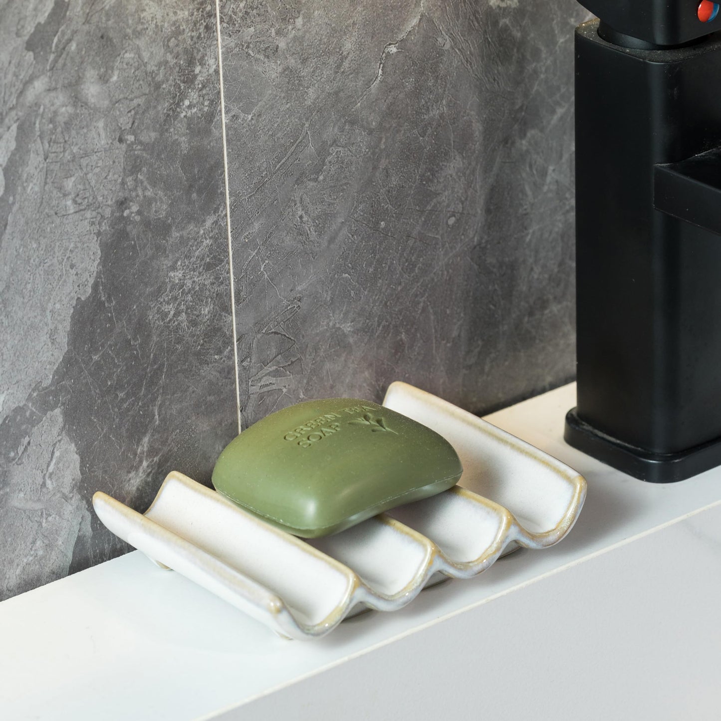 Cormomu Soap Dish with Self Drain Fluted Design, Bar Soap Holder for Bathroom, Japanese Soap Tray for Shower, Bathroom and Kitchen Sink Organizer, Ceramic Soap Saver, White