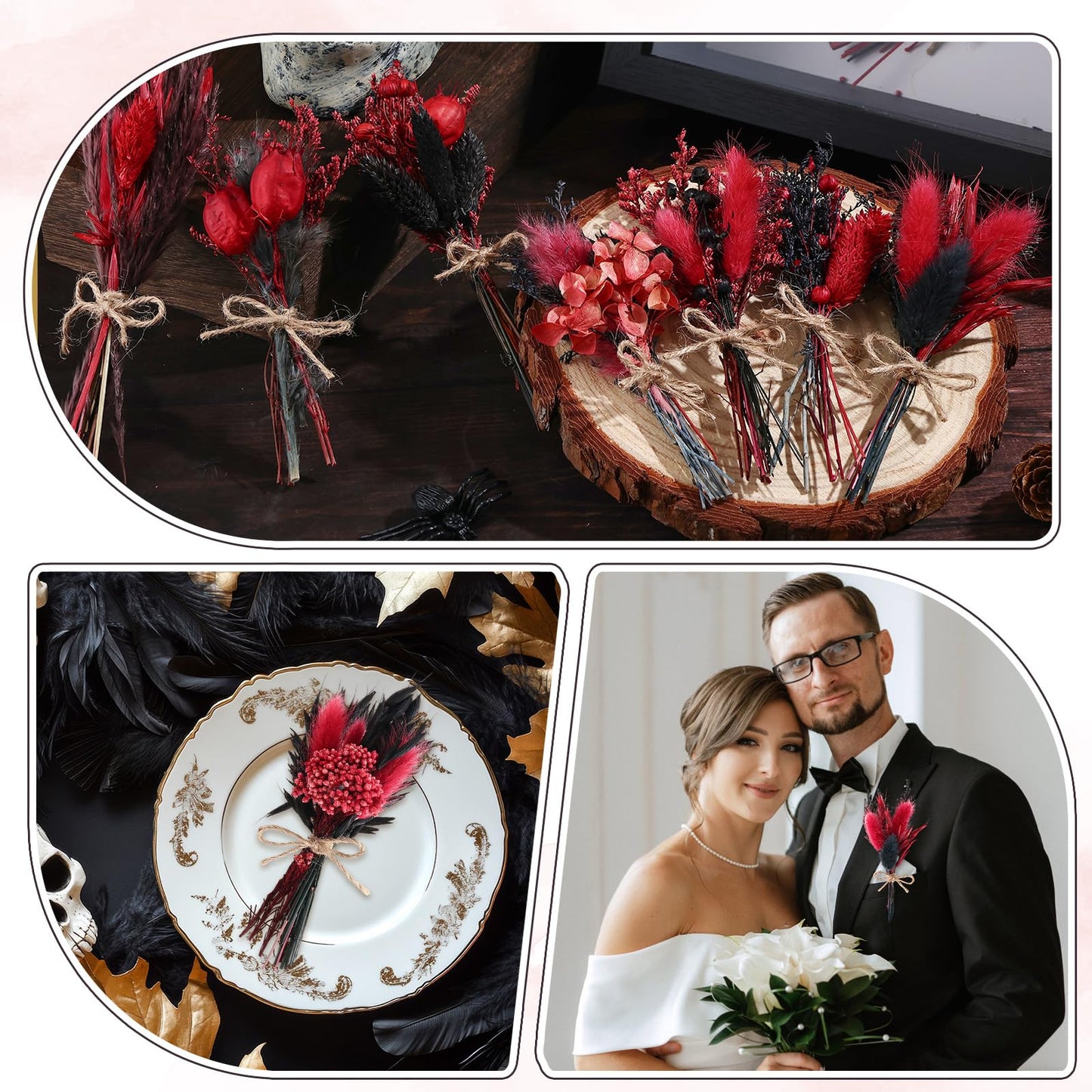 10 Pack Halloween Flowers Bouquets Red Black Series Mini Dried Flower with Stem Natural Dry Flower Bundles Dried Floral Arrangement for Vase DIY Goth Wedding Decor