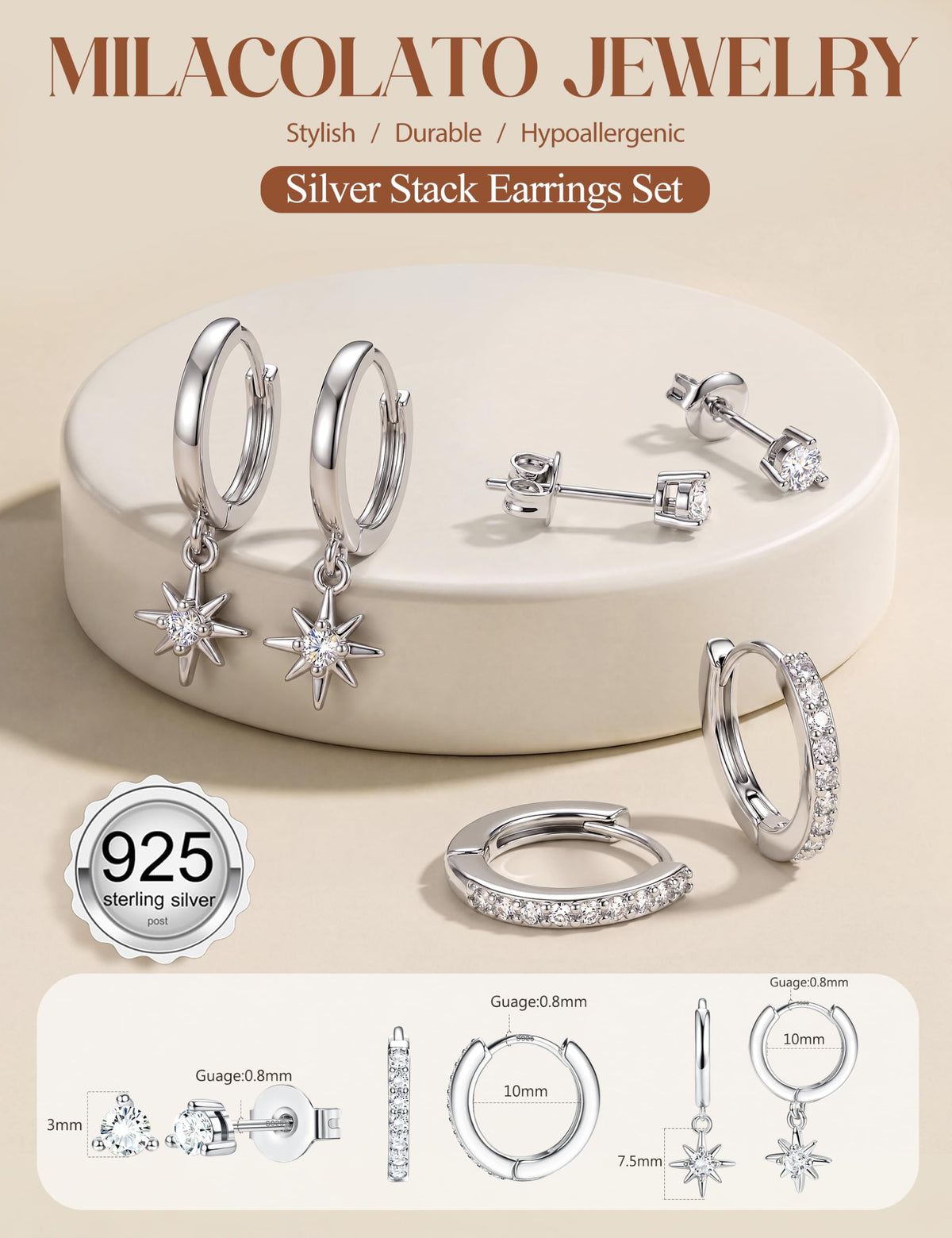 MILACOLATO 925 Sterling Silver Earrings for Women, Sterling Silver Filled Small Stud Huggie Hoop Earrings Sets for Multiple Piercing Hypoallergenic Jewelry, CZ Cartilage Earrings Stacks Trendy Jewelry Gifts, 3 Pairs-Star