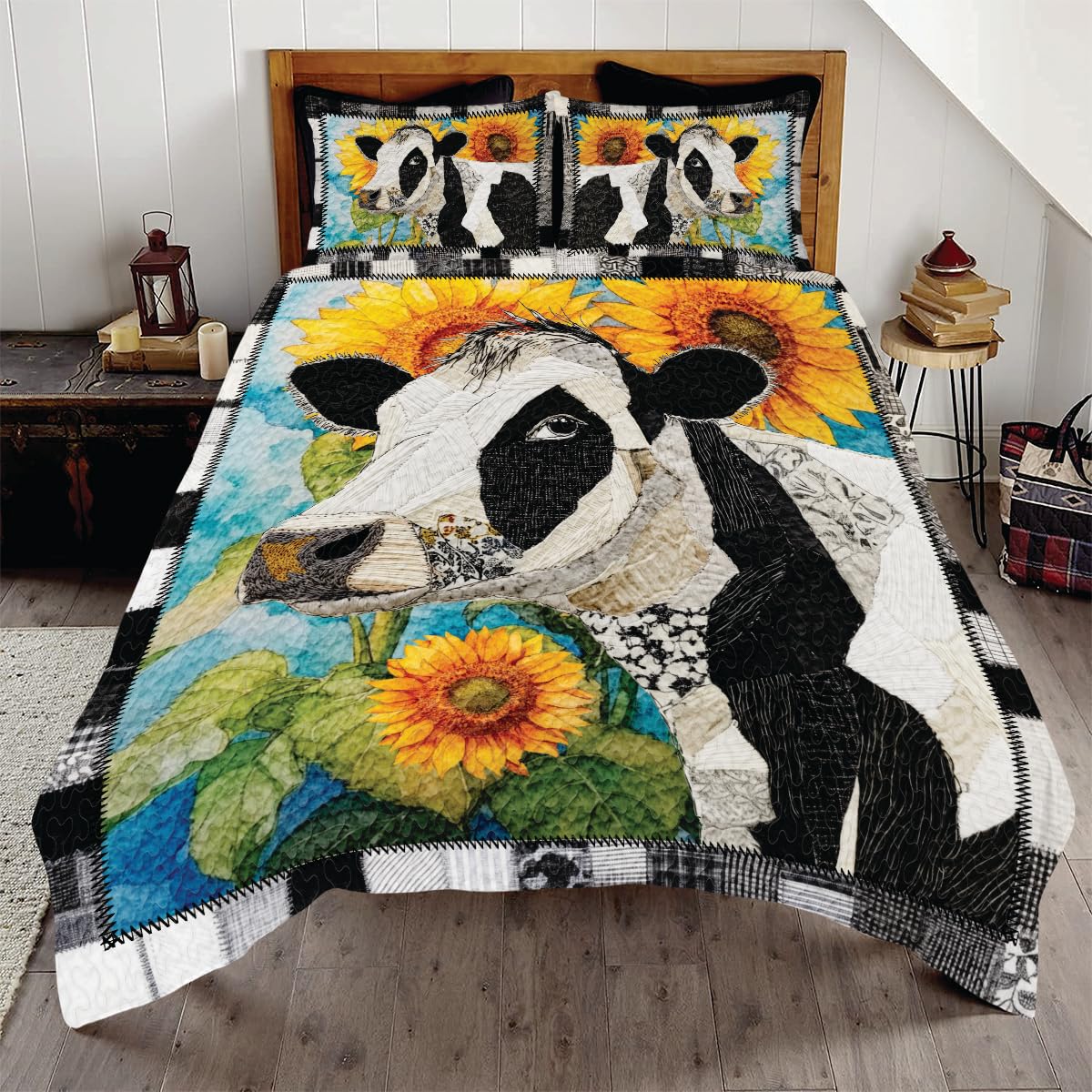 Jeminise Cow with Landscape Patchwork Quilt, Animal Farmhouse Printed Quilt Set Bedding Set, Premium Patchwork Pattern Quilts Bedspread, Bedding Set with Cow Lover Gift