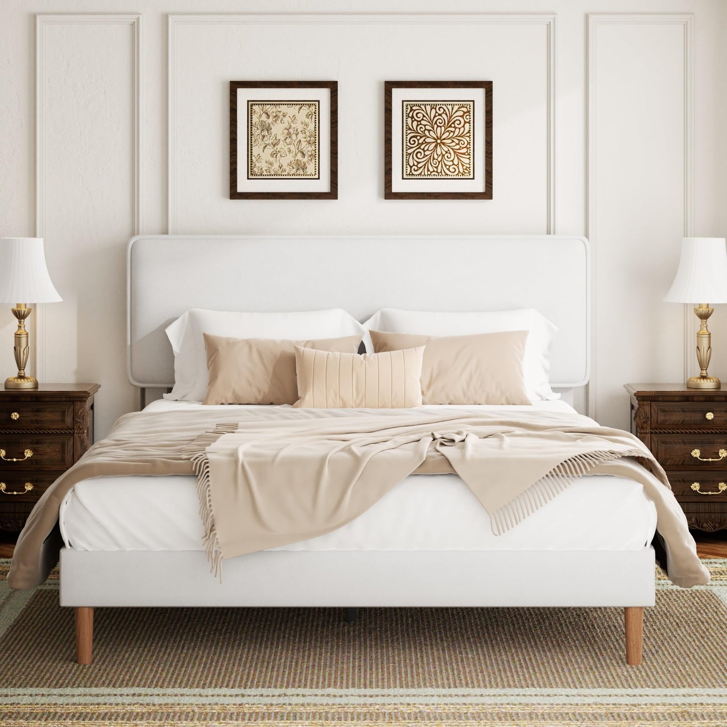 HAOARA Queen Size Upholstered Platform Bed Frame, PU Leather Adjustable Headboard, No Box Spring Needed, Wood Slats Support, Easy Assembly, White