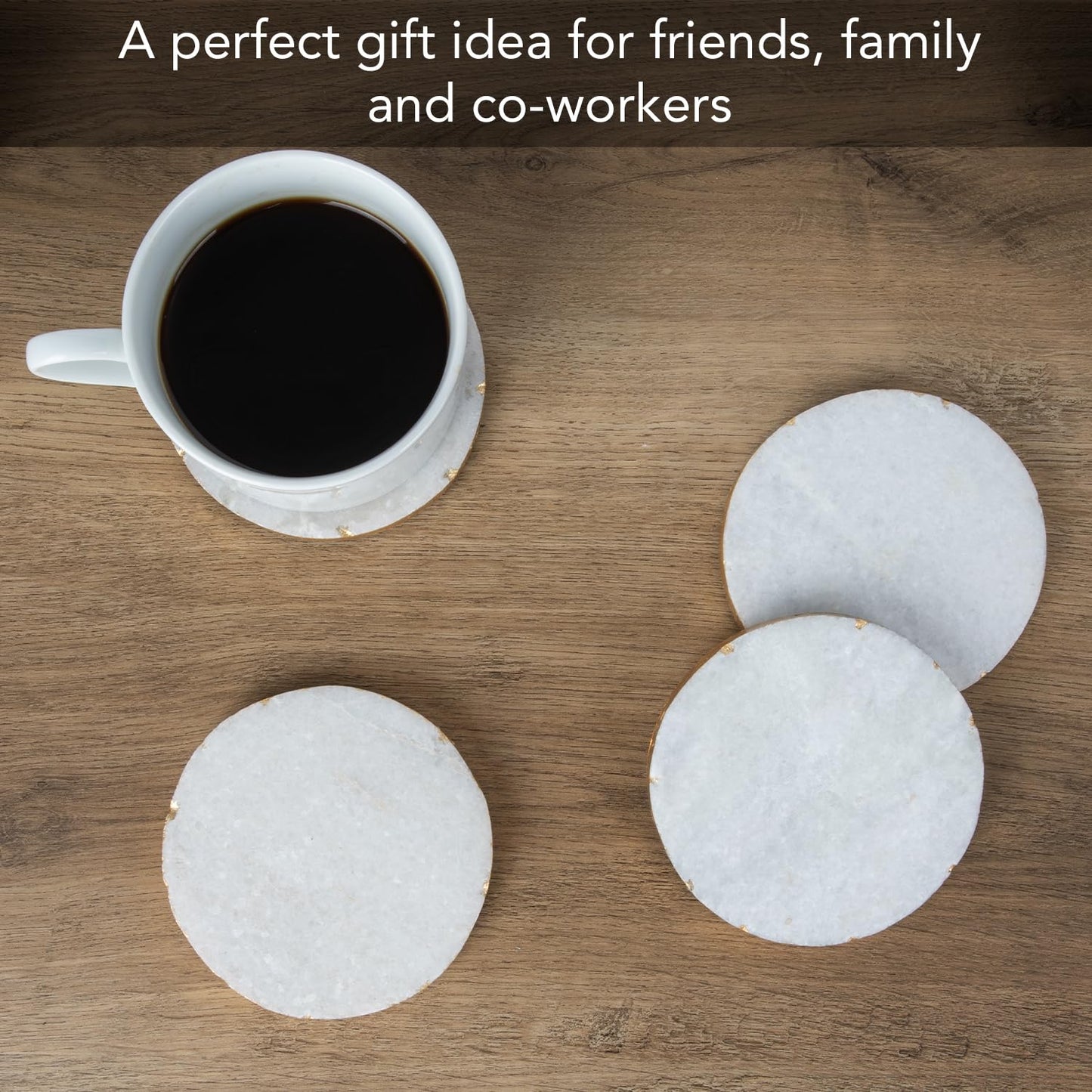 Thirstystone 4 Pack Round Natural White Marble Coasters w/ Gold Edges 4" Diameter Elegant, Luxurious, Stemware Safe