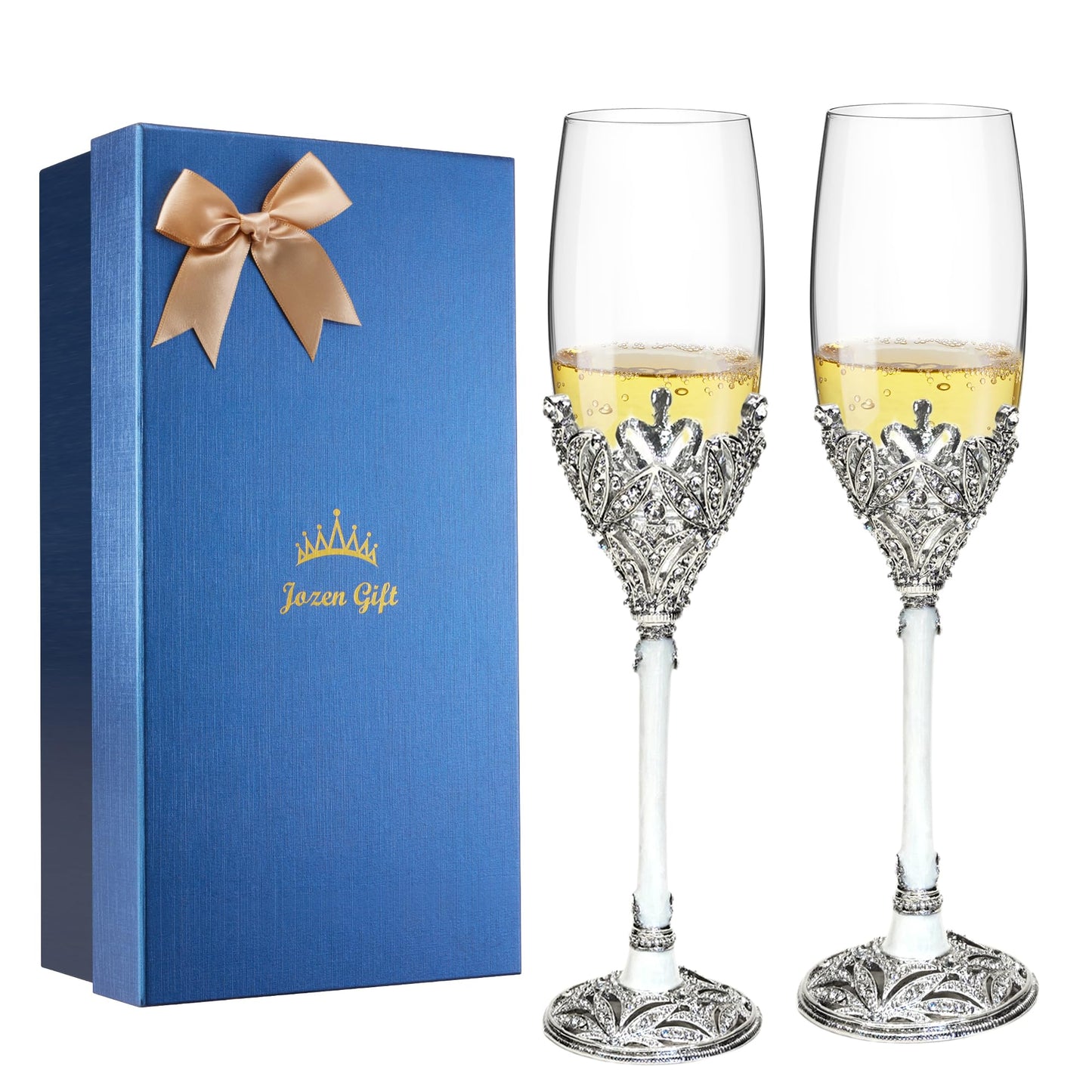 Jozen Gift Champagne Flutes -His and Hers,Wedding Toasting Glasses for Engagement Celebrations, Bridal Shower and Registry Idea, Tall Wine Glasses for Bride and Groom Gifts,7oz (Silver&white)