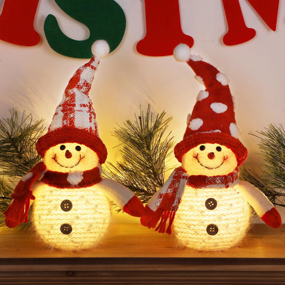 Juegoal 2 Pack Christmas Table Decorations, 10 Inch Lighted Plush Snowmen Figurines, Light Up Snowman Holiday Present, Battery Operated Xmas Gifts Tabletop Ornaments Dinner Party Supplies, Red Brim