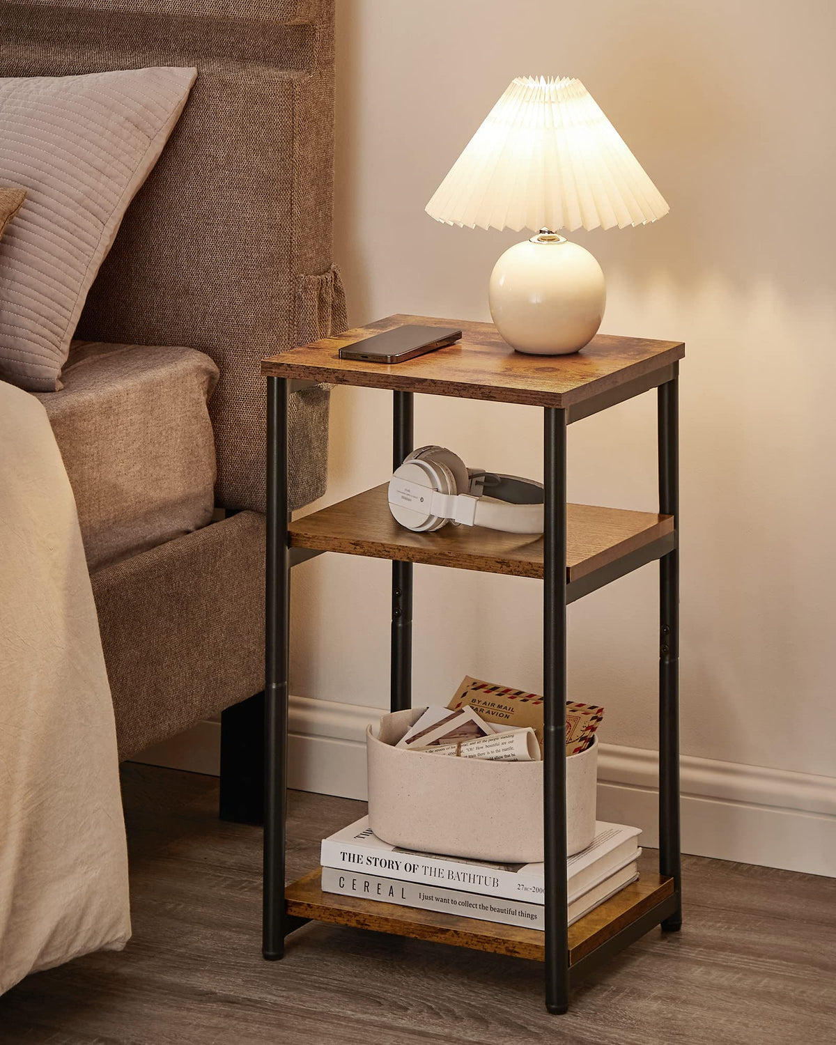 VASAGLE BARNET Collection - Side Table, Small End Table for Living Room, Modern Tall Nightstand, Bedroom, Office, Bathroom, Steel Frame, Rustic Brown and Ink Black ULET273B01