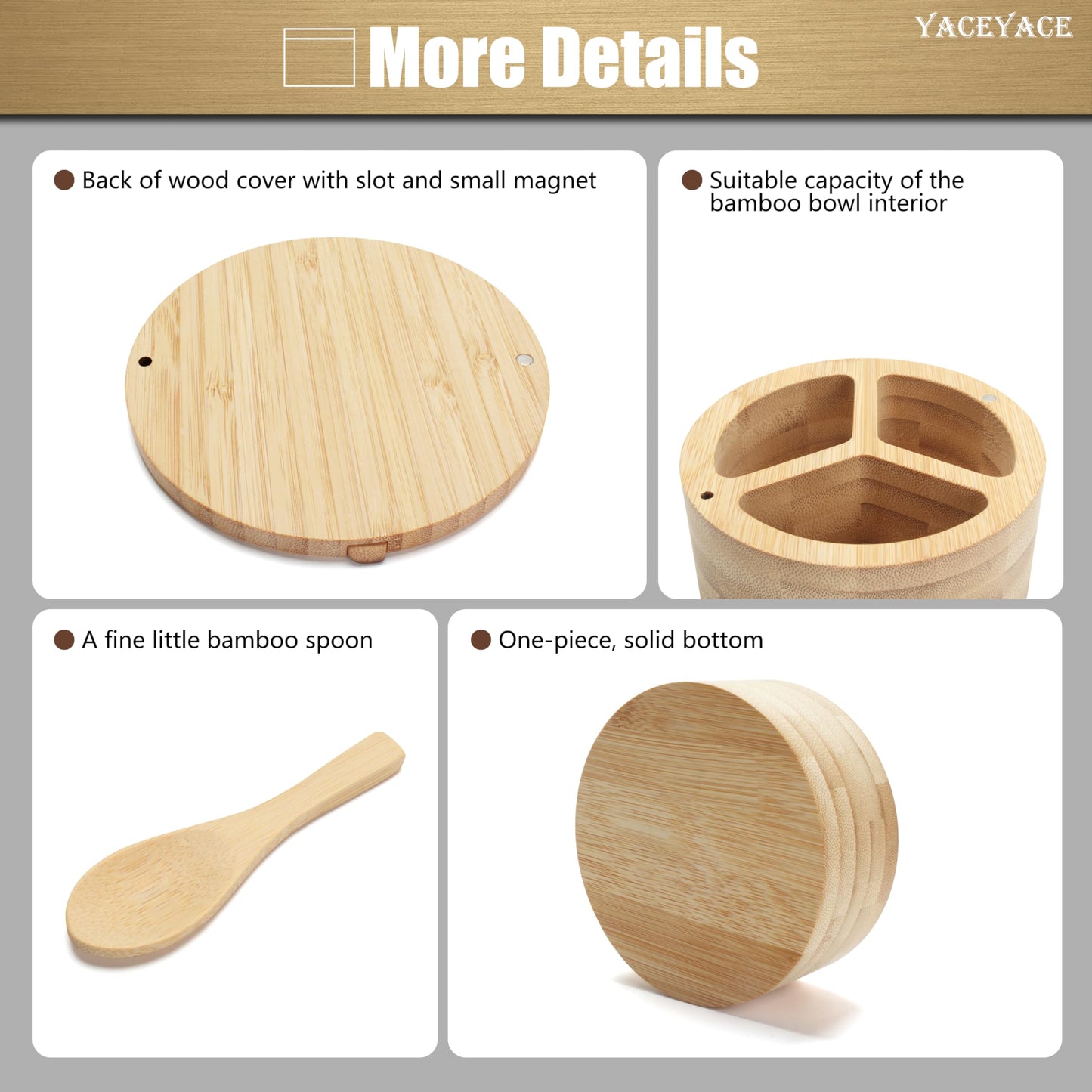 YACEYACE Bamboo Salt Cellar with Lid and Spoon, 9oz Small Salt and Pepper Containers, Bamboo Salt Containers for Countertop, Salt and Pepper Bowls