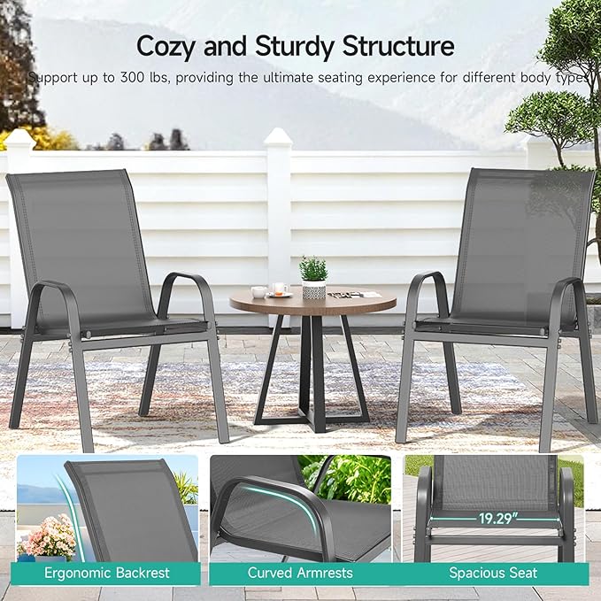 Patio Chairs Set of 2, All Weather Breathable Stackable Outdoor Dining Chairs with High Back and Wide Seat, Easily Set Up Outdoor Chairs Set of 2 with Metal Frame for Backyard Garden Pool, Grey