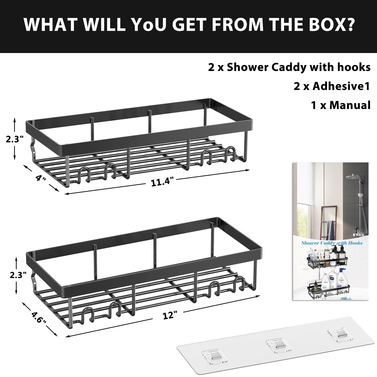 DIFULI Shower Caddy Shelf Organiser 2 Pack, No Drill Black Shower Shelves,Self Adhesive Bathroom Storage Accessories