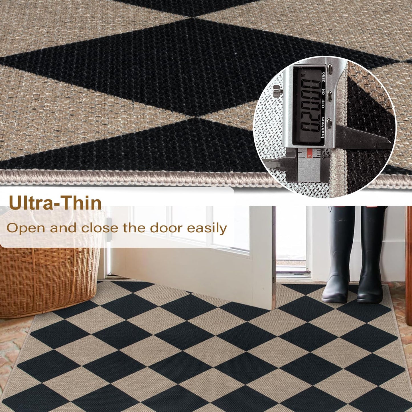 Rugalia Easy Jute Checkered Entryway Rug, 2x3 Black Modern Indoor Outdoor Doormat, Washable Non-Slip Neutral Small Kitchen Rug Farmhouse Diamond Throw Rugs for Entrance Bedroom Bathroom