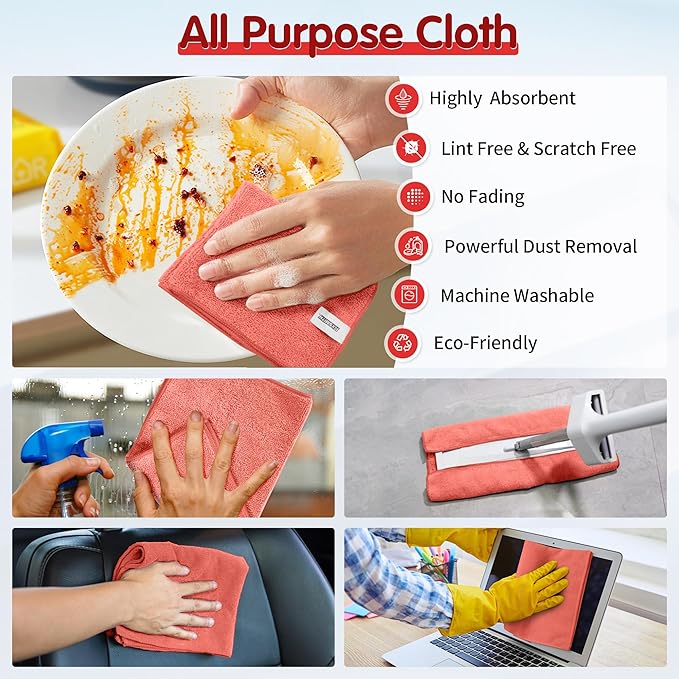 FIXSMITH Red Microfiber Cleaning Cloth -Pack of 8, Highly Absorbent Cleaning