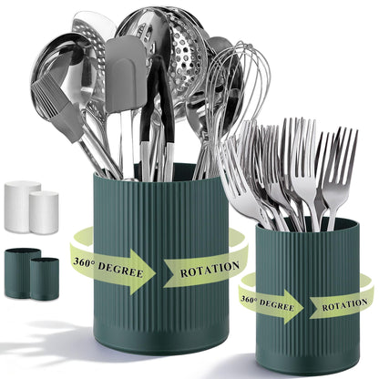 HOMQUEN 360° Rotating Utensil Holder, 6.3''+4.7'' Plastic Kitchen Utensil Holder for Countertop, Large Cooking Utensil Crocks for Kitchen Decor, Utensil Organizer for Spatula, Set of 2 (Green)
