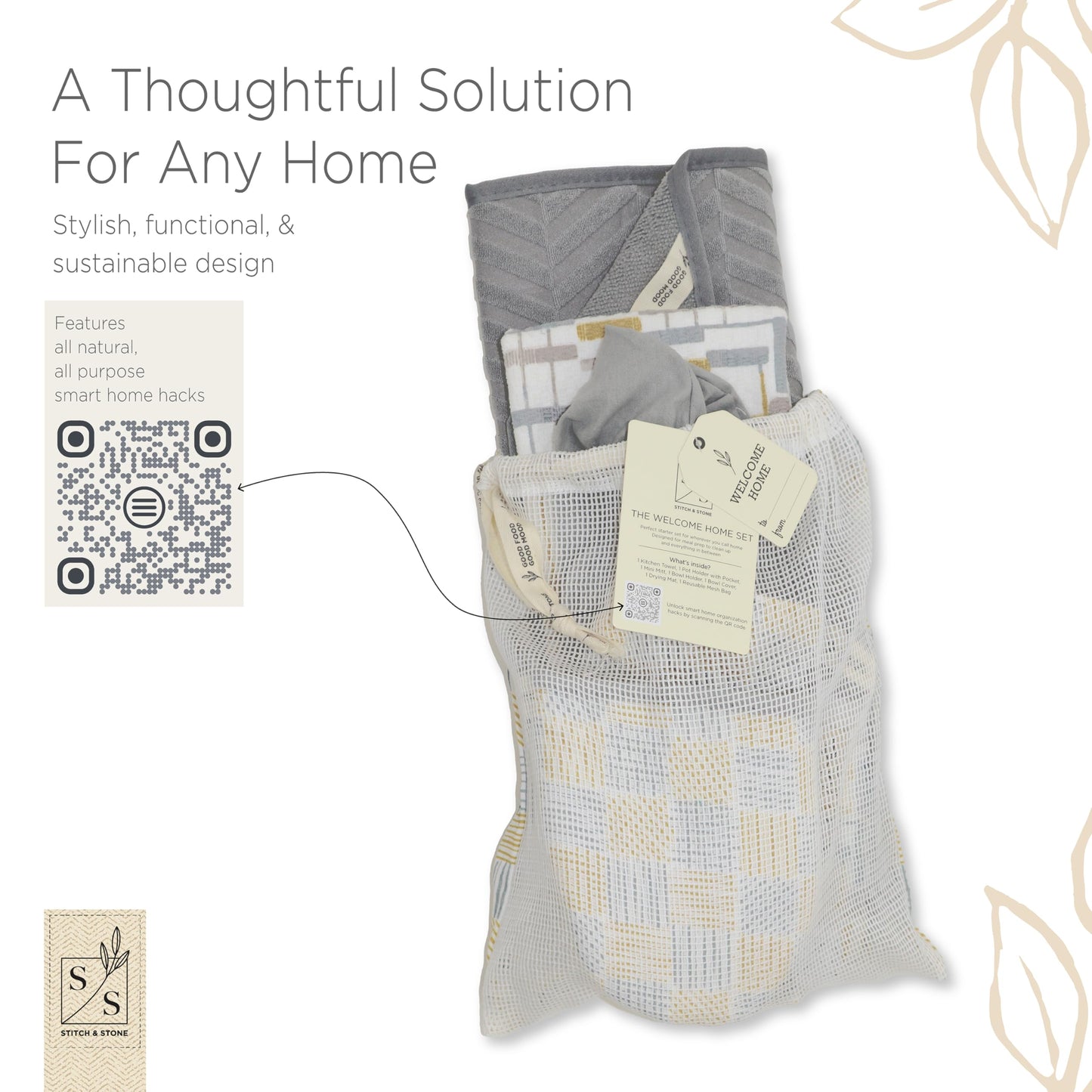 Stitch & Stone Welcome Home Kitchen Set - Multi Use with Quilted Pot Holder, Mitt, & Bowl Trivet, Cotton Kitchen Towel, Mat for Dish Drying, Hanging Towel, & Bowl Cover - Grey and Mustard Line