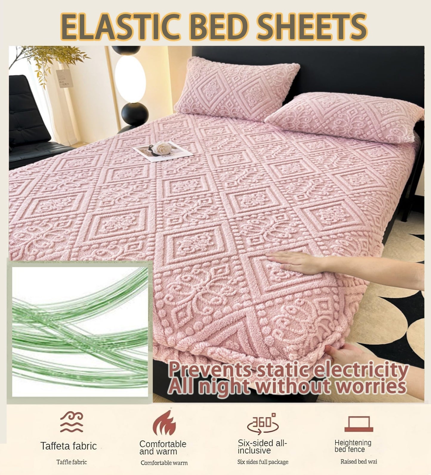 Elastic Bed Sheets Bohemian Taffeta Velvet Full Fitted Sheet, Ultra Soft Mattress Protector Fluffy Plush Bedding(Pink,Twin)