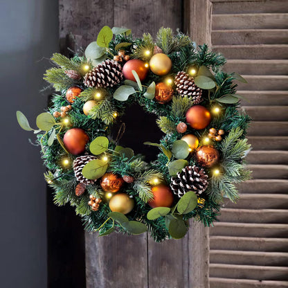 WANNA-CUL Pre-Lit 20 Inch Lighted Christmas Wreath for Front Door Decoration with Copper Gold Christmas Ball Ornaments,Battery Operated 30 LED Lights